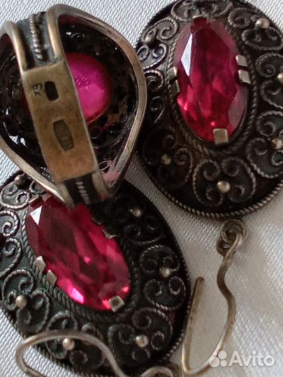 Старинные серебряные серьги 875 проба и кольцо