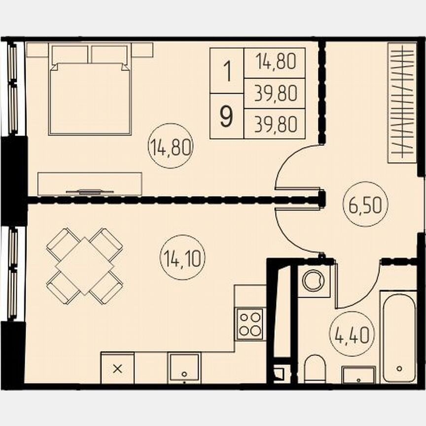 1-к. квартира, 39,8 м², 27/28 эт.