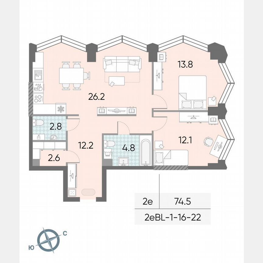2-к. квартира, 74,5 м², 20/43 эт.