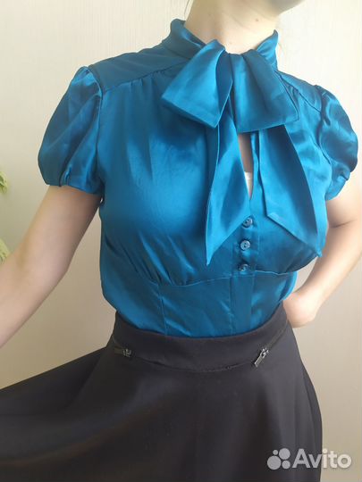 Атласная блузка mango mng морской волны