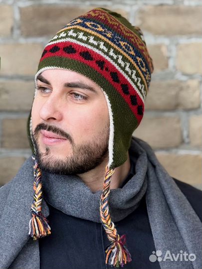 Мужская шапка двусторонняя с ушками зимняя Чульо 100% альпака цвет фисташковый-беж уно