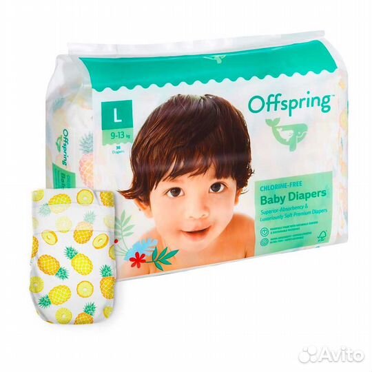 Подгузники Offspring L 9-13 кг 36 шт Ананасы