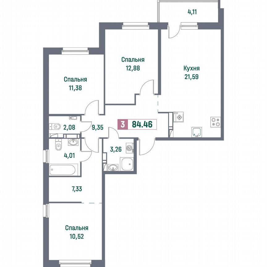 3-к. квартира, 84,5 м², 12/16 эт.