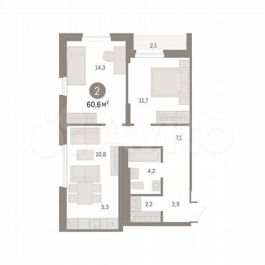 2-к. квартира, 60,6 м², 11/17 эт.