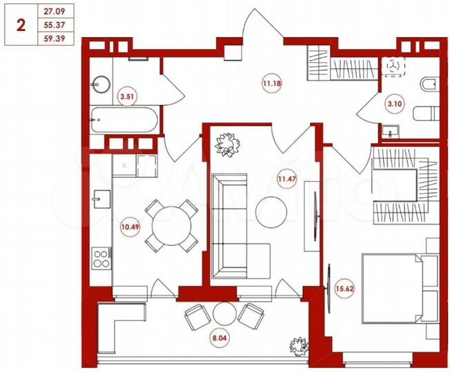 2-к. квартира, 59,4 м², 4/16 эт.