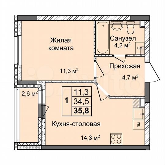 1-к. квартира, 35,8 м², 2/18 эт.