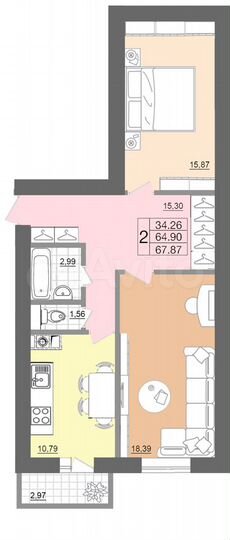 2-к. квартира, 68 м², 3/5 эт.