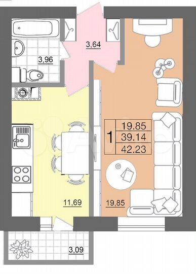 1-к. квартира, 42,3 м², 4/5 эт.