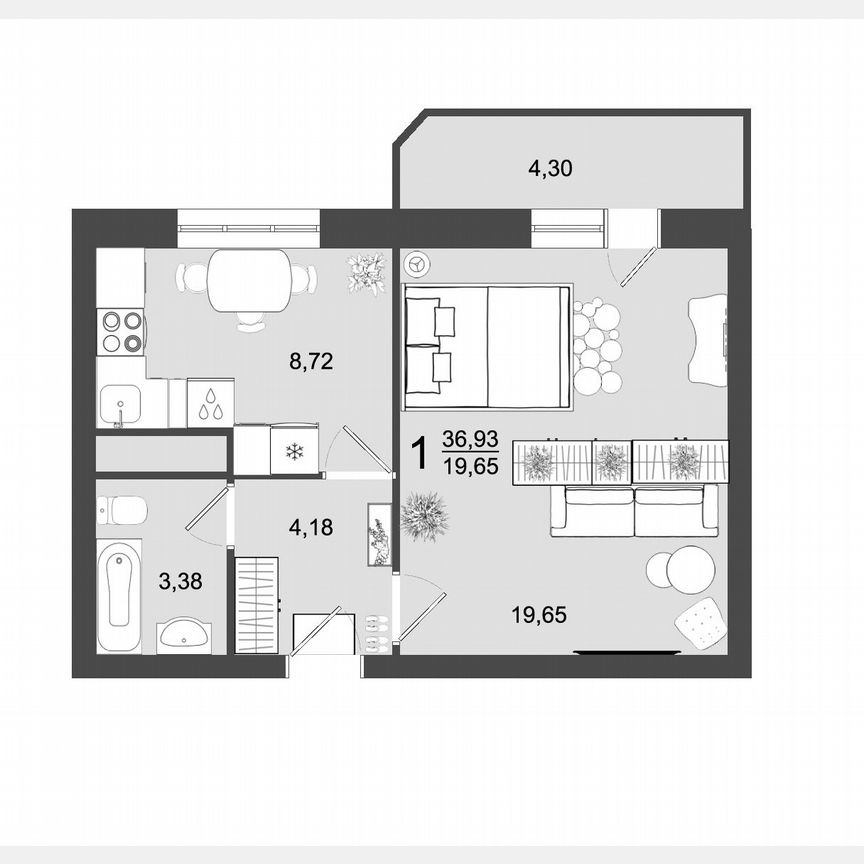 1-к. квартира, 36,9 м², 1/9 эт.