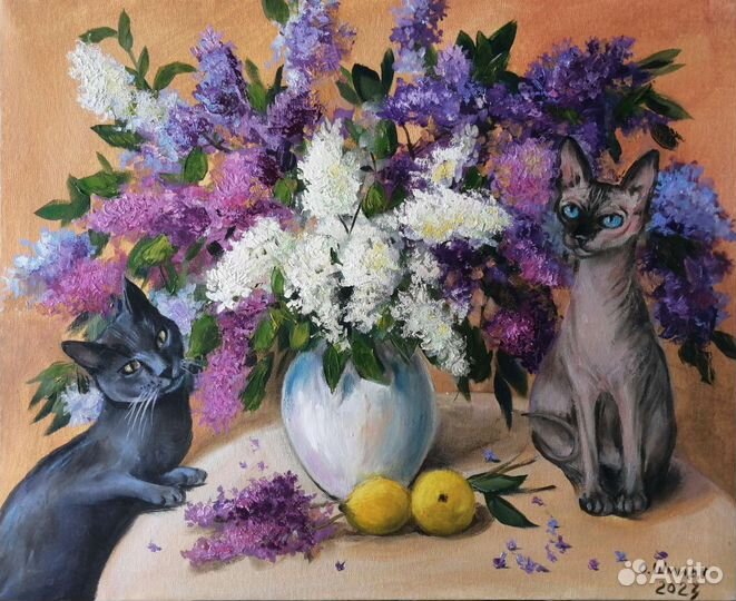 Картина маслом на холсте. Сирень и кошки. 40х50