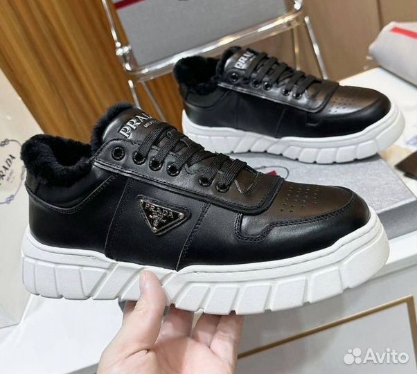 Кеды мужские Prada кожа, мех натуральный