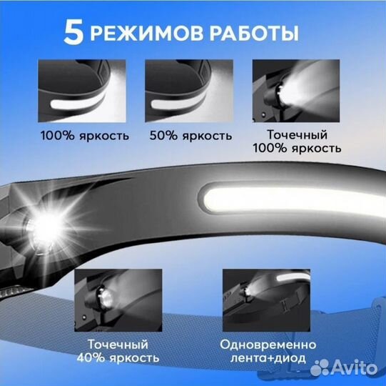 Налобный фонарь Светодиодный с датчиком движения