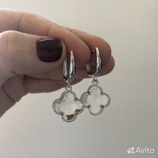 Серьги с прозрачным кристаллом стиль Van Cleef