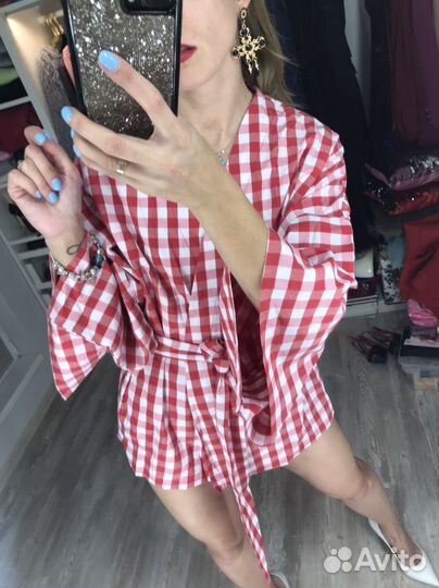 Рубашка женская кимоно в клетку красная