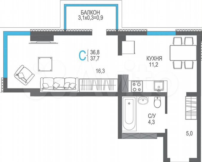 1-к. квартира, 37,7 м², 12/12 эт.