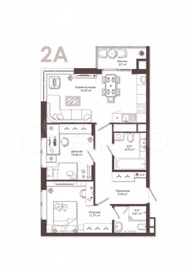 2-к. квартира, 60,9 м², 2/14 эт.