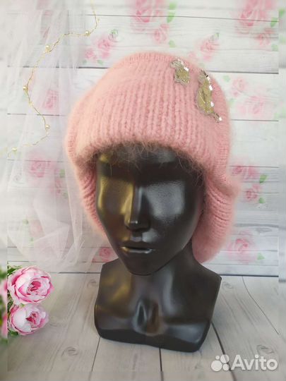 Шапка ушанка из пуха норки с брошью