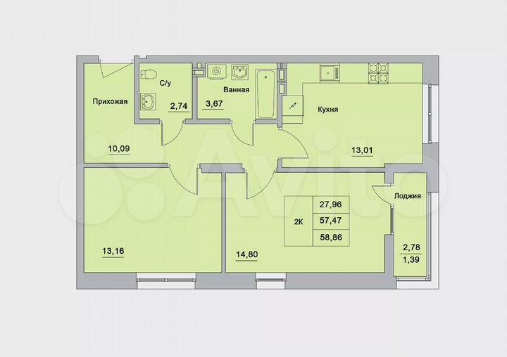 2-к. квартира, 58,9 м², 20/25 эт.