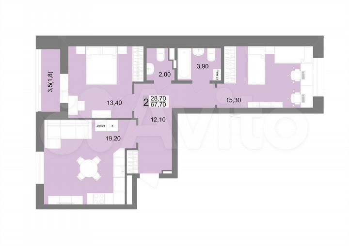 2-к. квартира, 68,3 м², 3/12 эт.
