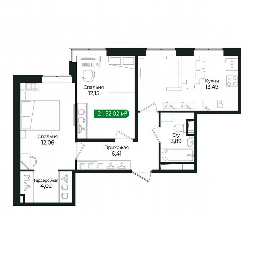 2-к. квартира, 52 м², 2/8 эт.