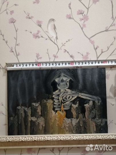 Картина маслом на холсте. Скилет и свечи