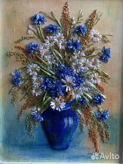 Букет Ромашек с васильками. Вышивка лентами