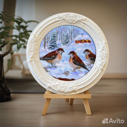 Воробушки Картина маслом в гипсовой раме. Птицы