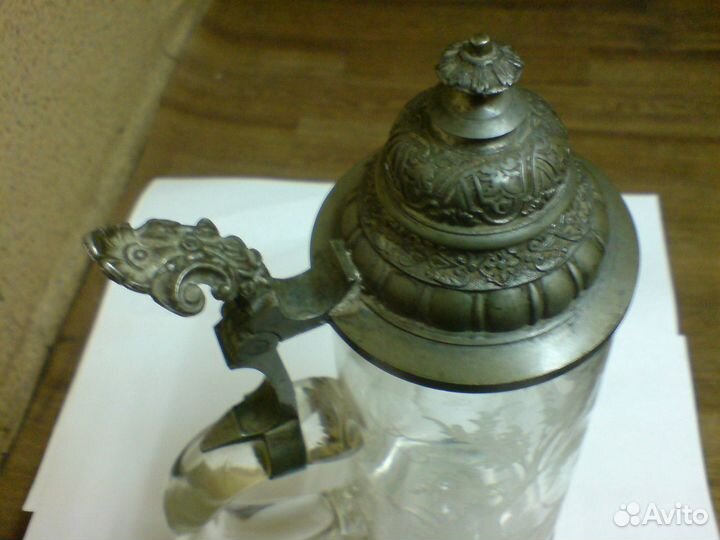 Кружка пивная, стекло, олово, старинная