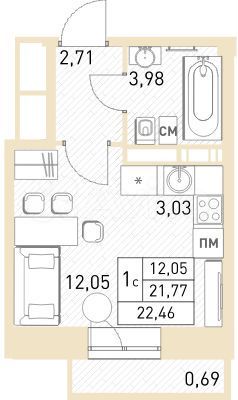 Квартира-студия, 22,5 м², 7/17 эт.
