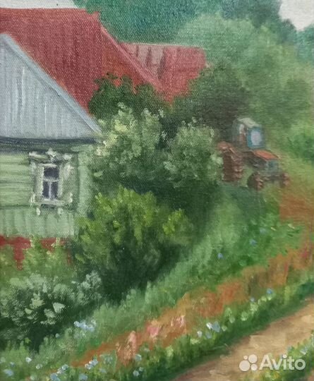 Картина маслом,деревенский пейзаж.21*30