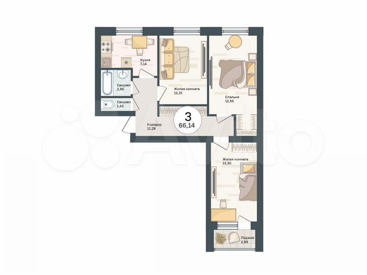 3-к. квартира, 66,1 м², 5/5 эт.