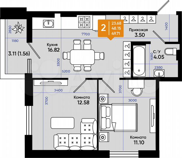 2-к. квартира, 49,7 м², 6/9 эт.