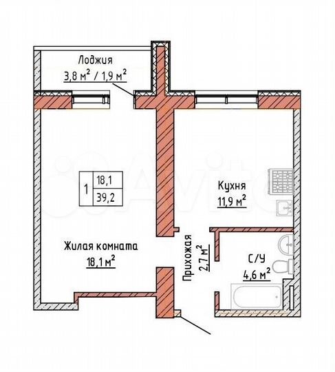 1-к. квартира, 39,2 м², 8/16 эт.