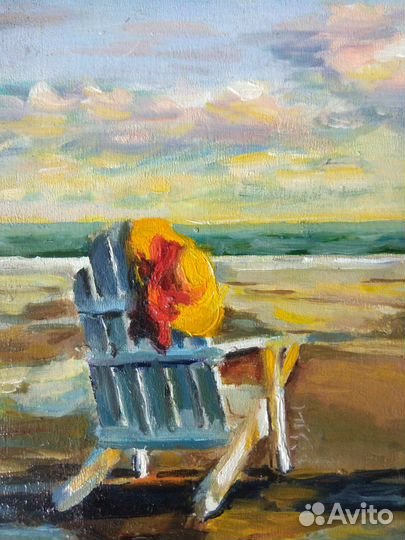 Картина маслом, морской пейзаж, отдых на берегу