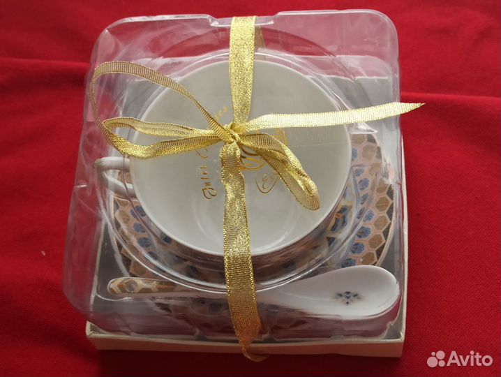 Новая чайная пара с ложкой, фарфор тонкий