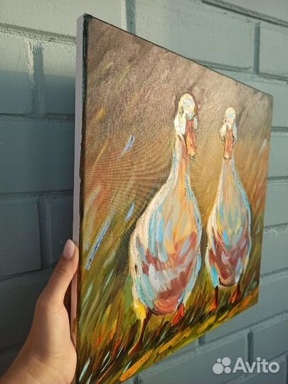 Картина утки маслом птицы гуси холст 40х40см