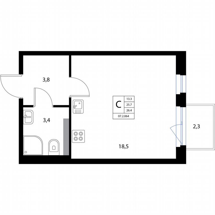 Квартира-студия, 26,4 м², 3/3 эт.