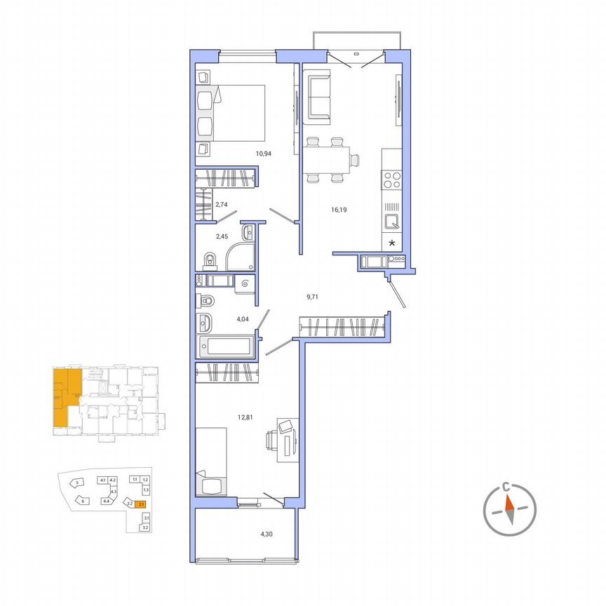 2-к. квартира, 56,2 м², 6/9 эт.