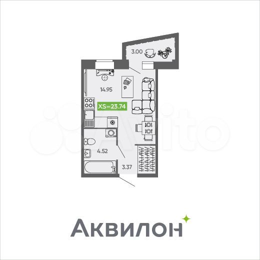 Квартира-студия, 23,7 м², 1/9 эт.