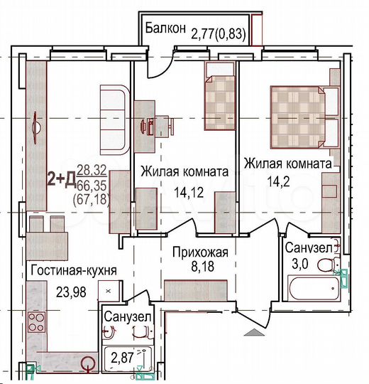 2-к. квартира, 68,2 м², 2/8 эт.