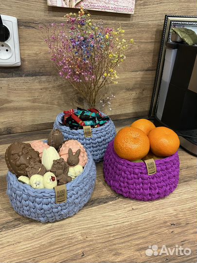 Вязаные трикотажные корзинки ручной работы