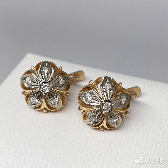 Золотые серьги малинки с бриллиантами 583 0,3 ct