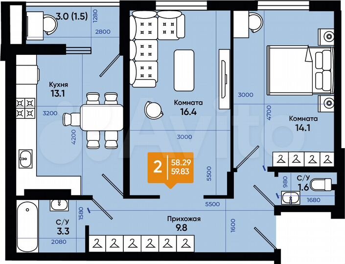 2-к. квартира, 59,8 м², 6/9 эт.