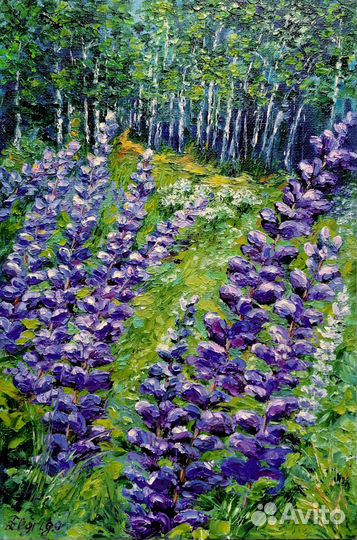 Картина маслом полевые цветы Люпины