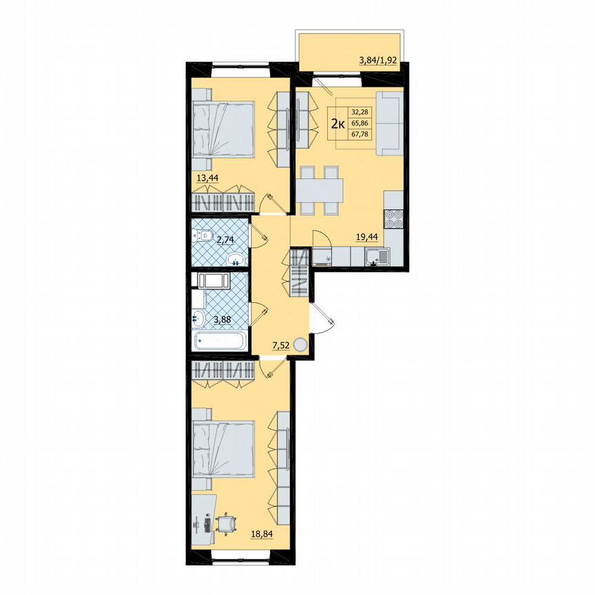 2-к. квартира, 67,8 м², 2/9 эт.