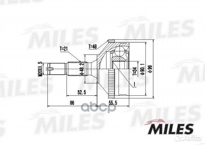 Шрус peugeot 206 1.4-1.9d 98- нар. (abs) Miles 61