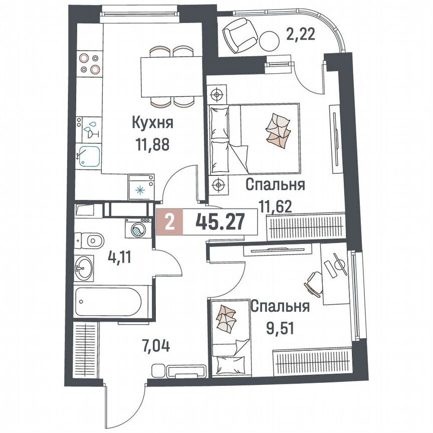 2-к. квартира, 45,3 м², 5/18 эт.