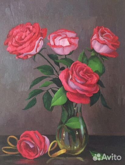 Картина маслом розы красные цветы натюрморт