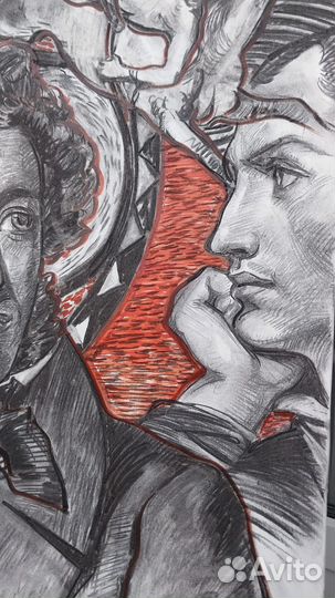 Пушкин против Байрона. Графика 80х60см