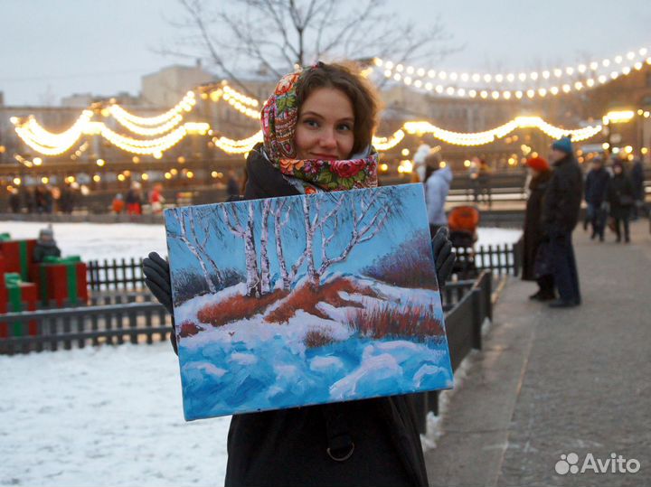 Зимний закат живопись